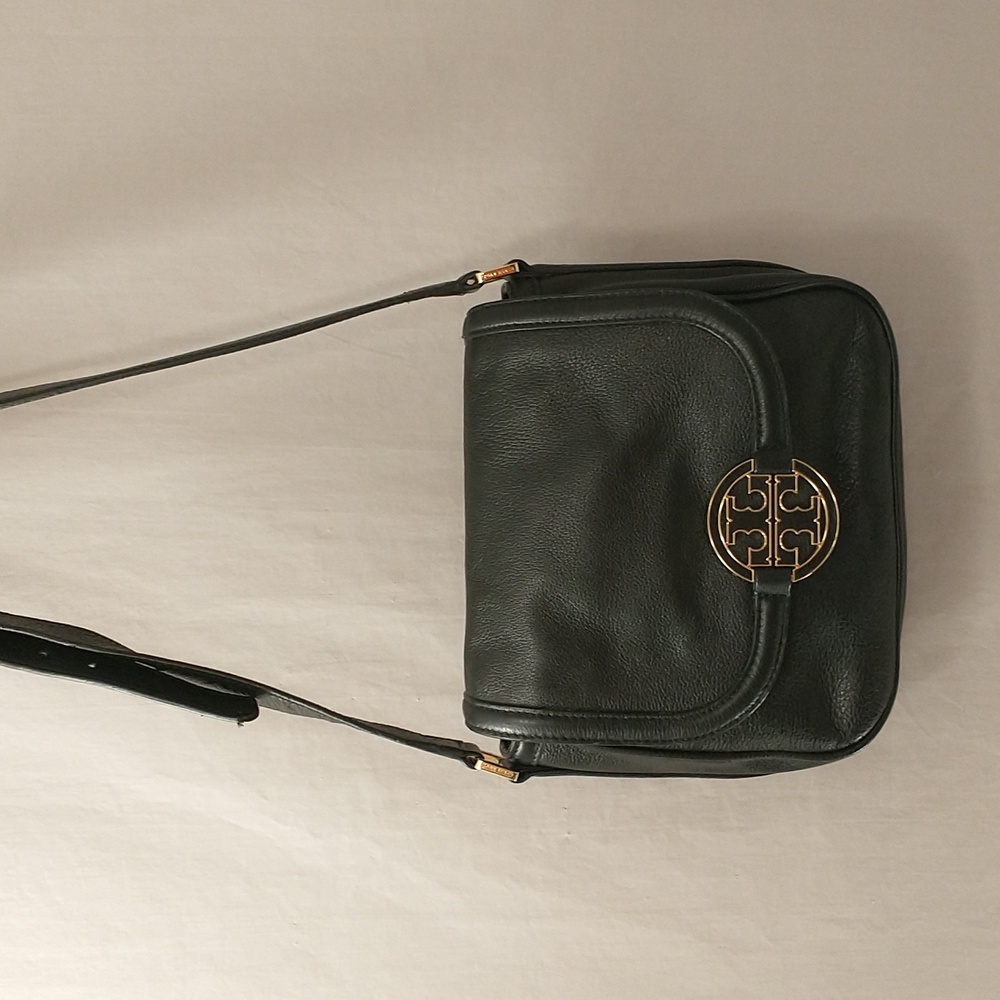 Tory Burch Black Leather Crossbody Bag Gold Hardware & Logo Adjustable Purse